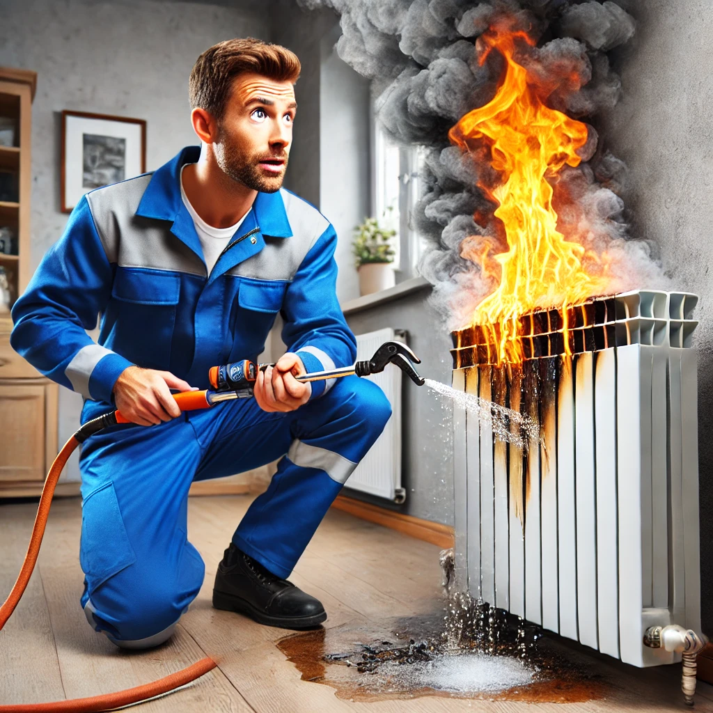 DALL·E 2025-02-18 17.04.19 - A burning radiator with flames coming out of it, while a heating technician tries to extinguish it using a water pump plier. The technician is wearing
