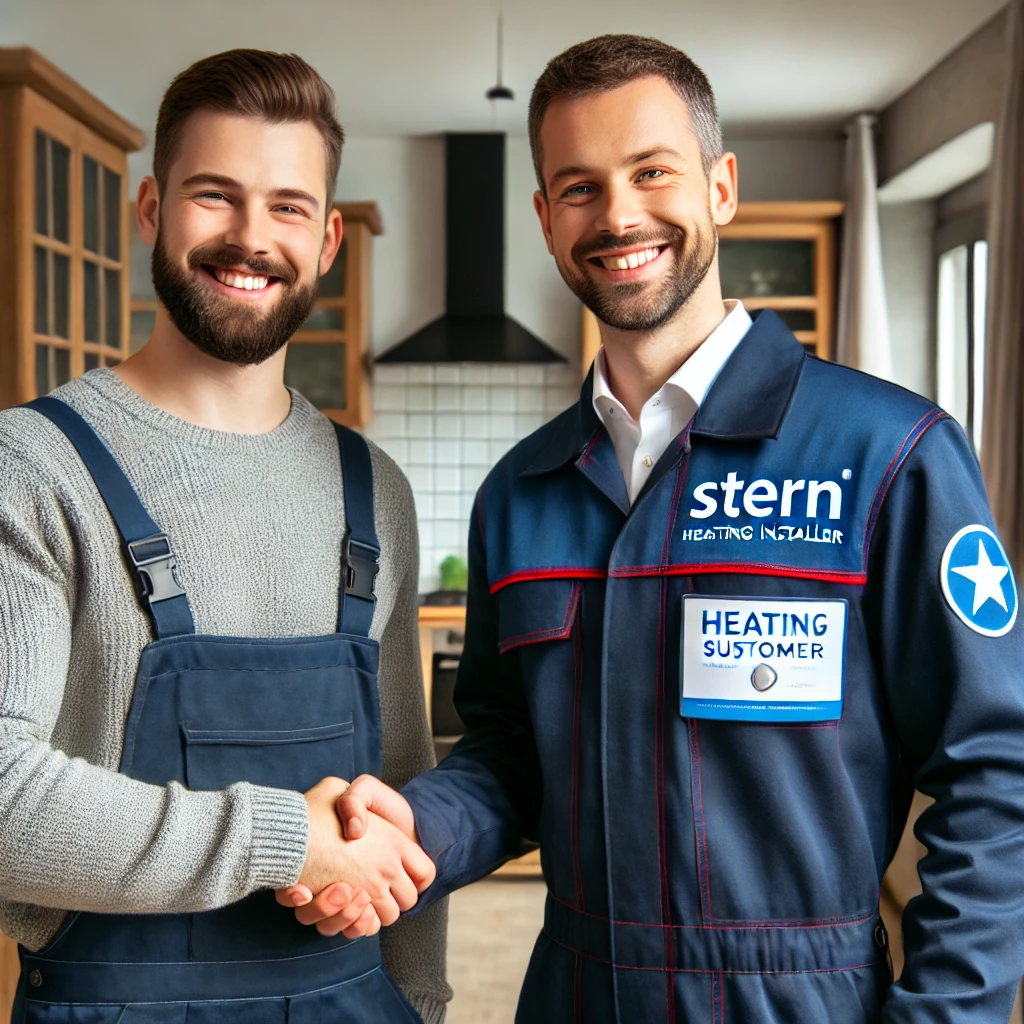 DALL·E 2025-02-18 17.14.10 - A very satisfied customer shaking hands with a heating installer who has 'Stern' written on his blue work uniform. The customer looks happy and gratef